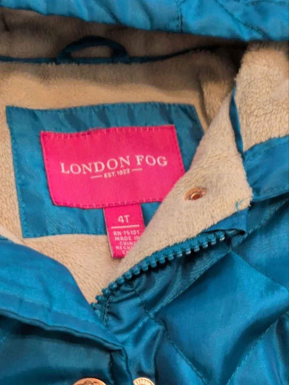 London Fog Girls' Quilted Hooded Puffer in Teal Blue - 4T